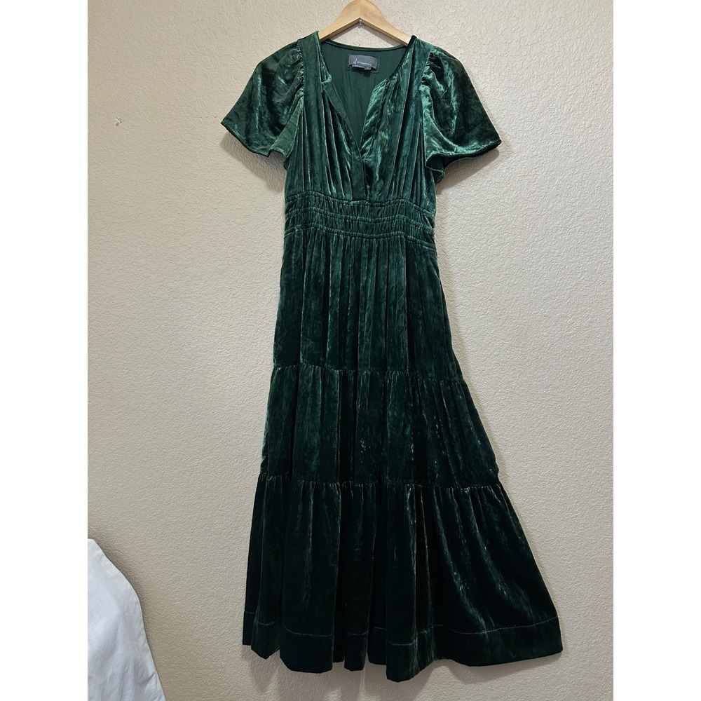 Anthropologie SP Somerset Maxi Dress Green Crushed Velvet Smocked Tiered Boho